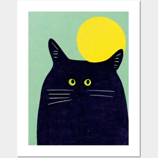 Big Black Cat Retro Poster Vintage Art Black cat Wall Turquoise Kitty Illustration Posters and Art